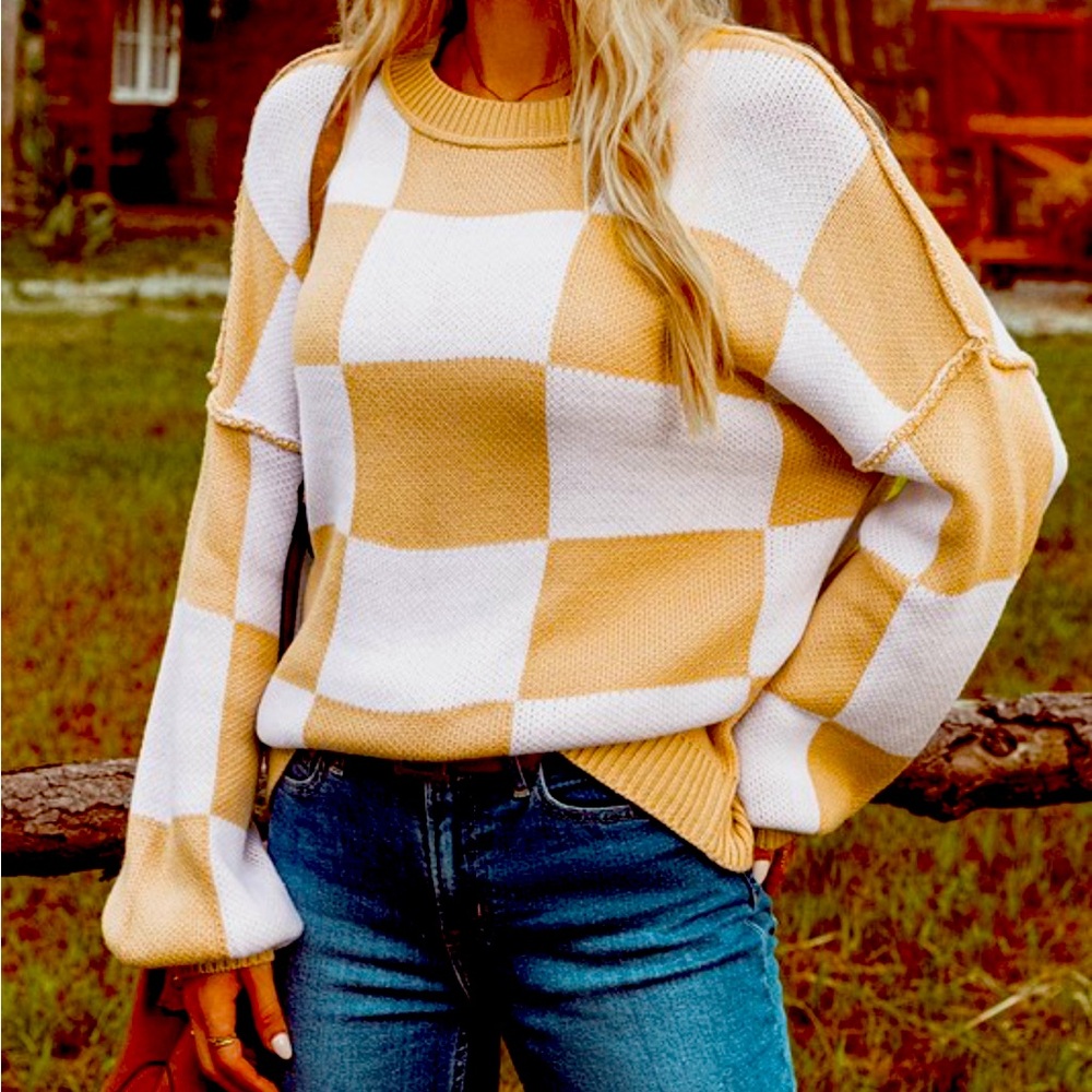 Checked bishop sleeve sweater